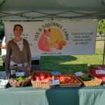 Jennifer from Fox and Squirrel Farm presenting a selection of organic produce at a local market stand