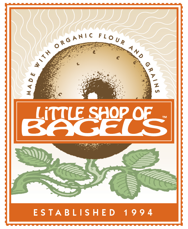The official logo of Little Shop of Bagels, featuring a bagel surrounded by wheat, signifying organic ingredients and establishment in 1994.