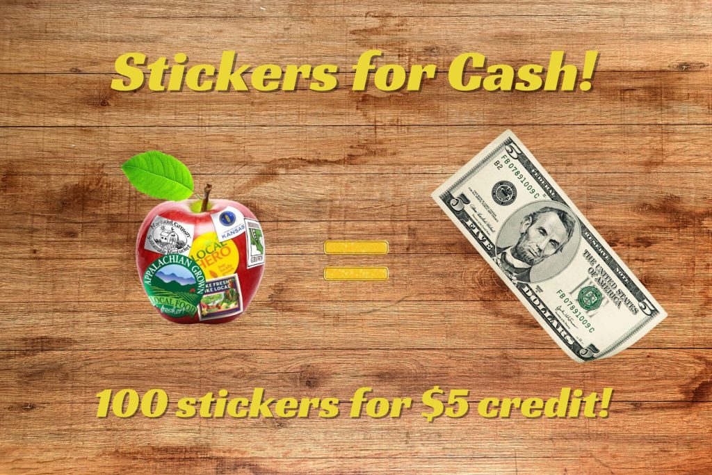 gather 100 produce stickers and get $5 credit to your account for Market or Compost Membership purchases. Join the fun with Produce stickers for Cash!